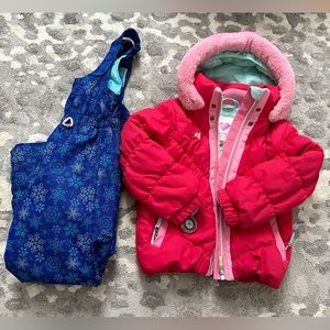 Obermeyer Red and Blue Kids Puffer Jacket and Snow Pants Set